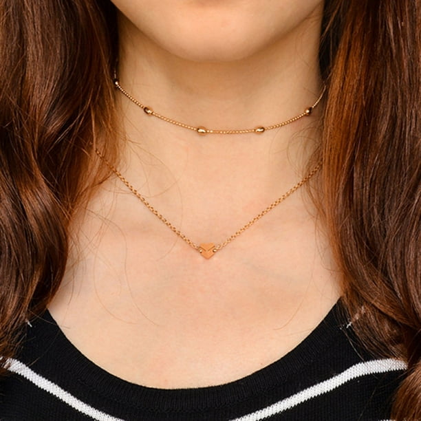 Fashion Double Layers Heart Pendant Necklace Choker Chain Women Jewelry Gifts